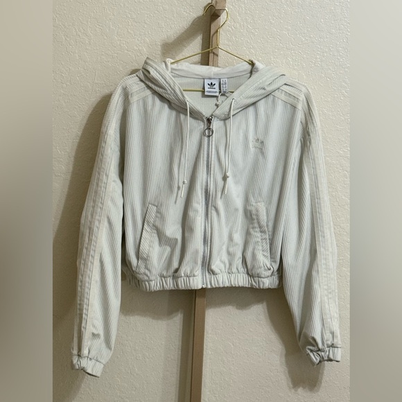 Adidas Originals Corduroy Cropped Hoodie Jacket – Size M – Ivory/Cream – Trefoil - Picture 2 of 5